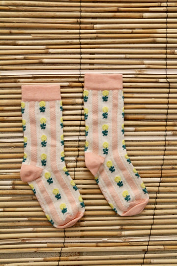 Pink flower striped sock