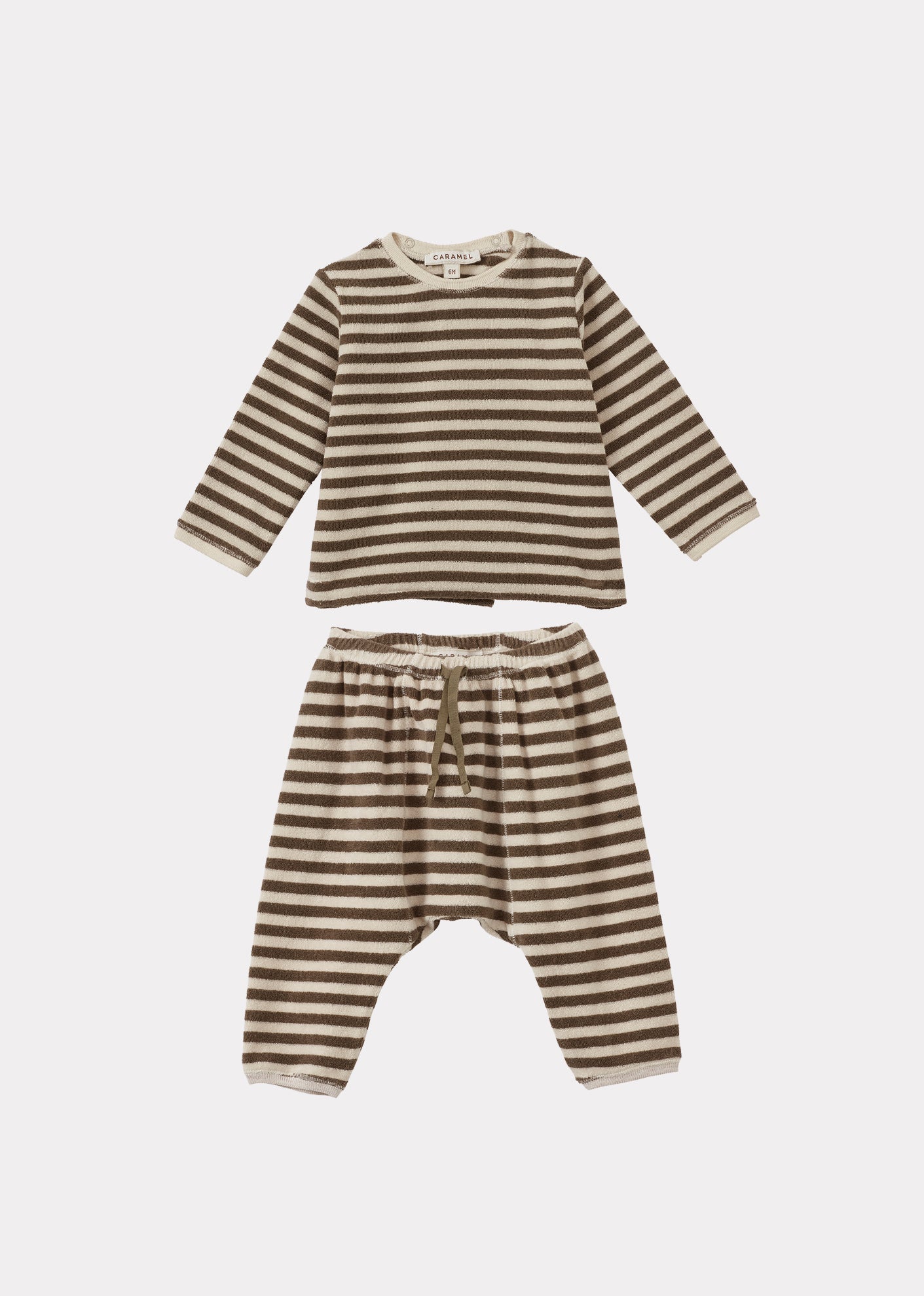 BARNES BABY T-SHIRT AND TROUSERS TOWELLING SET - KHAKI AND ECRU STRIPE