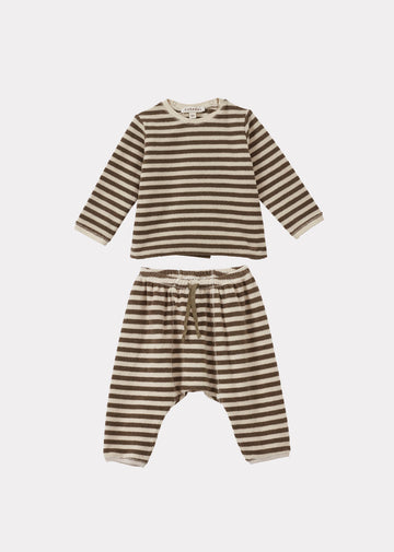 BARNES BABY T-SHIRT AND TROUSERS TOWELLING SET - KHAKI AND ECRU STRIPE