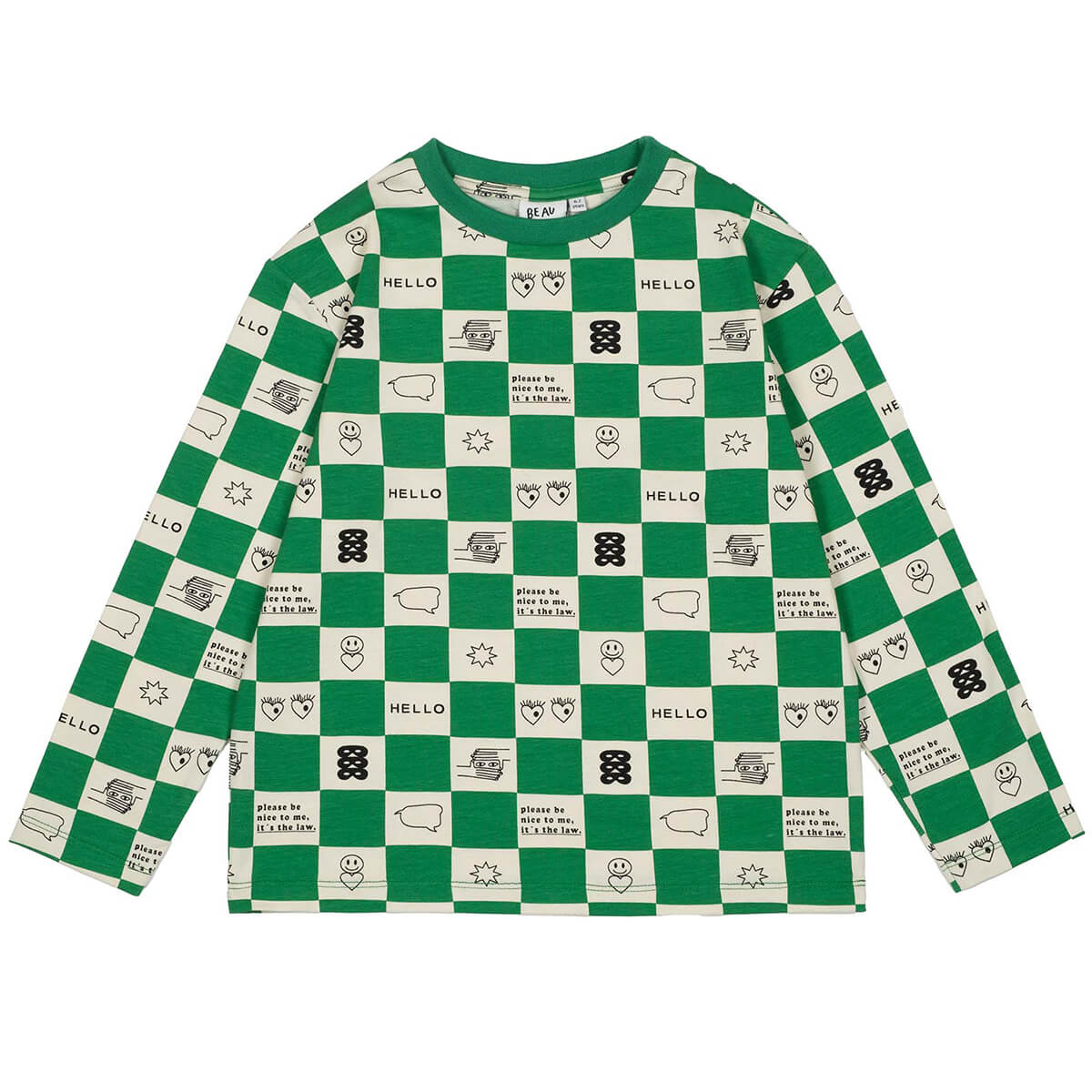 Comic Book Check Long Sleeve T-Shirt in True Green by Beau Loves