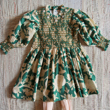 Handsmock Dress in Autumnal Green Flowers by Bonjour