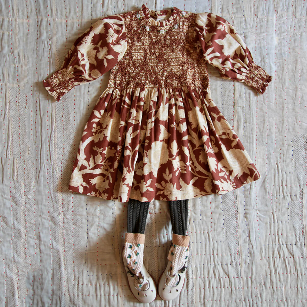 Handsmock Dress in Autumnal Red Brown Flowers by Bonjour