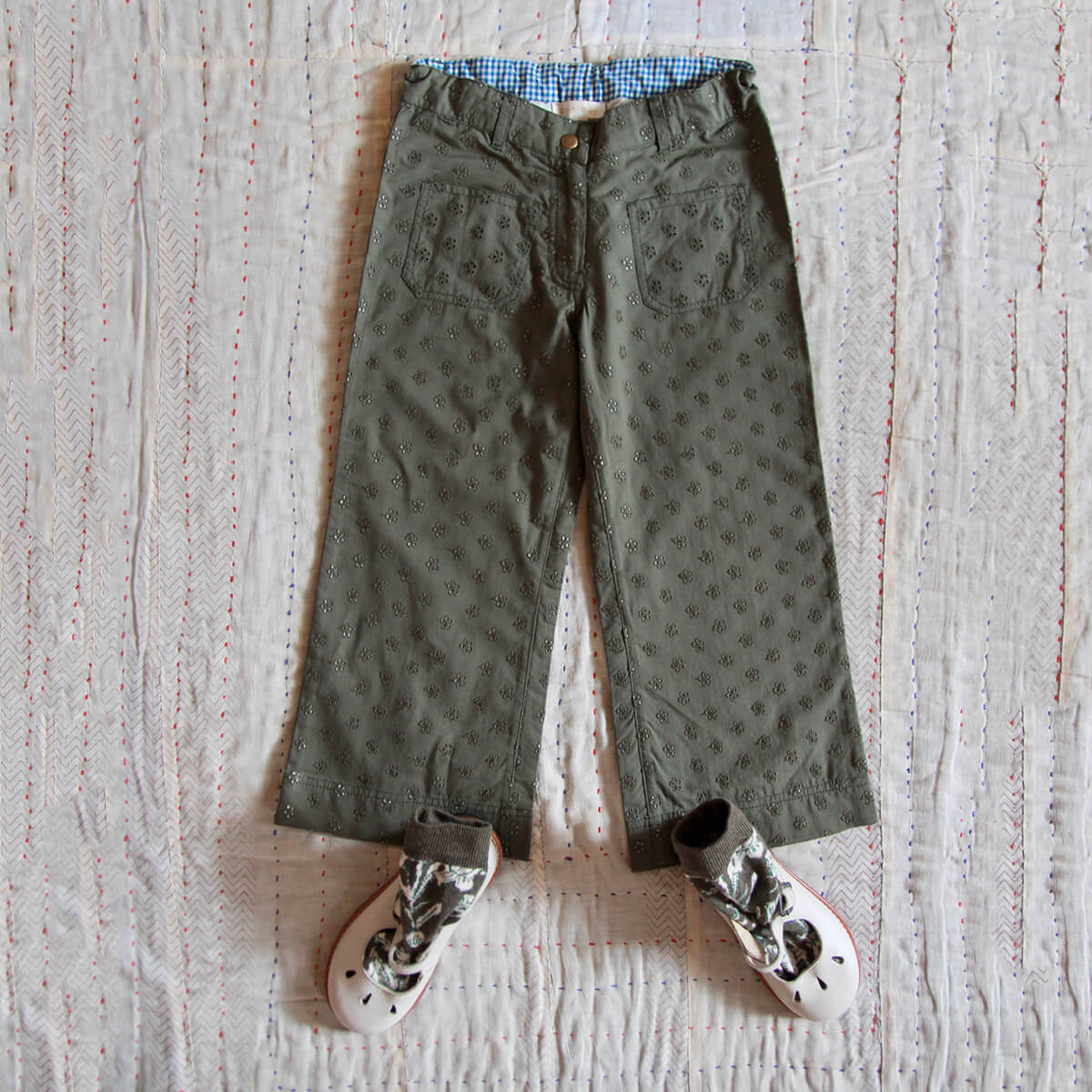 Pants in Khaki Green Broderie Anglaise by Bonjour