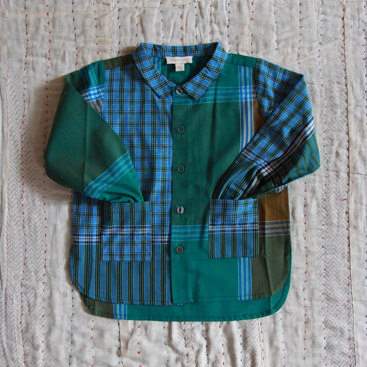 Patchwork Shirt in Green Lungi Check by Bonjour