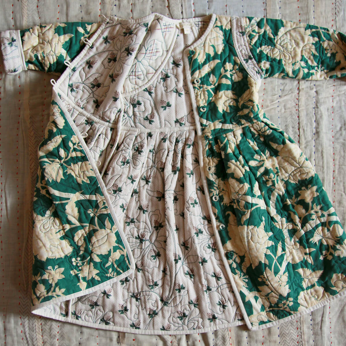 Quilted Dress Coat in Autumnal Green Flowers / Hazelnut by Bonjour