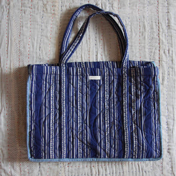 Quilted Market Bag in Blue Jacquard Mattress Stripe by Bonjour