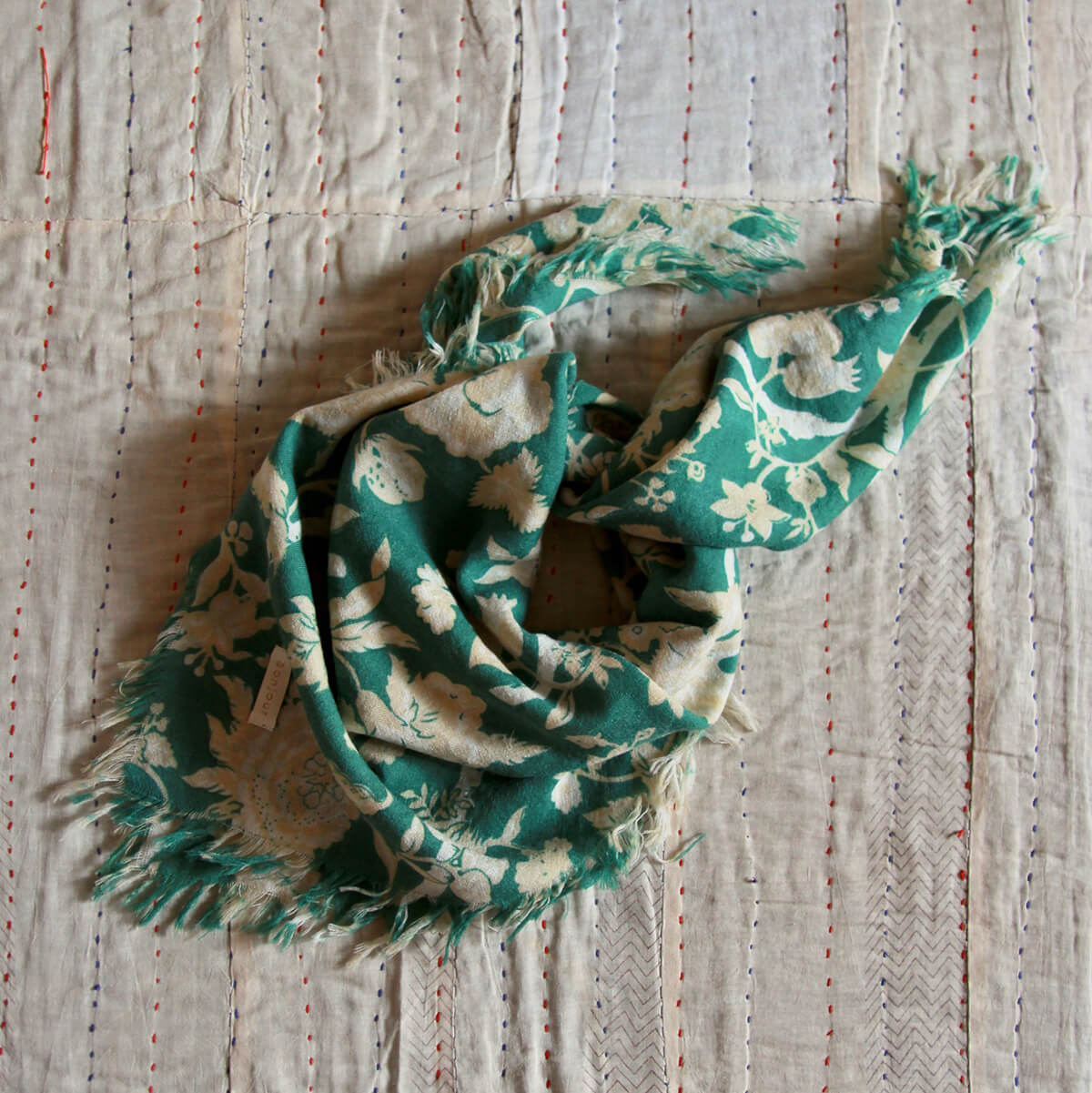 Wool Scarf in Autumnal Green Flowers by Bonjour