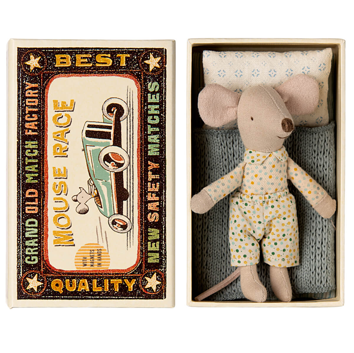 Little Brother Mouse in a Matchbox (Polka Dot Shirt and Trousers) by Maileg