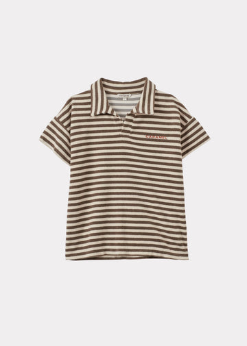 TOBIAS CHILDREN'S COTTON TOWELING TOP - KHAKI AND ECRU STRIPE